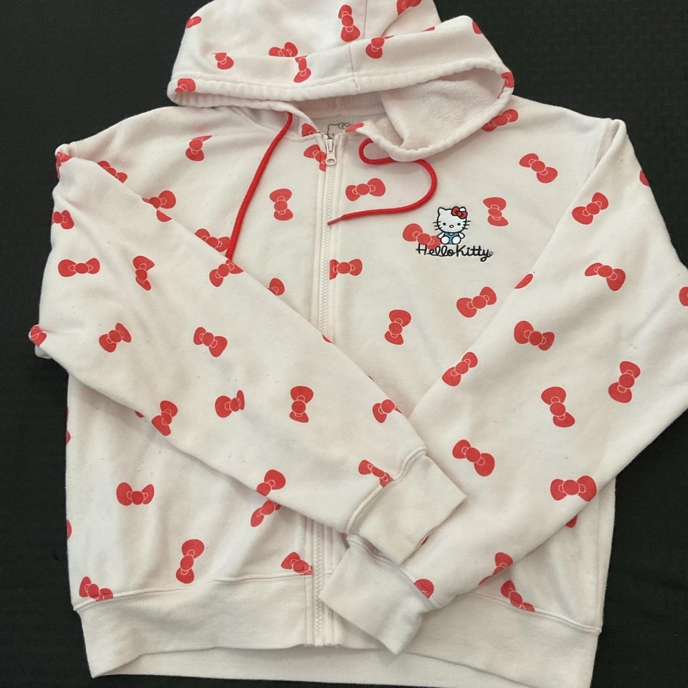 Hello Kitty Hoodie Women's Medium White Bow Print Full Zip Fleece Sweatshirt